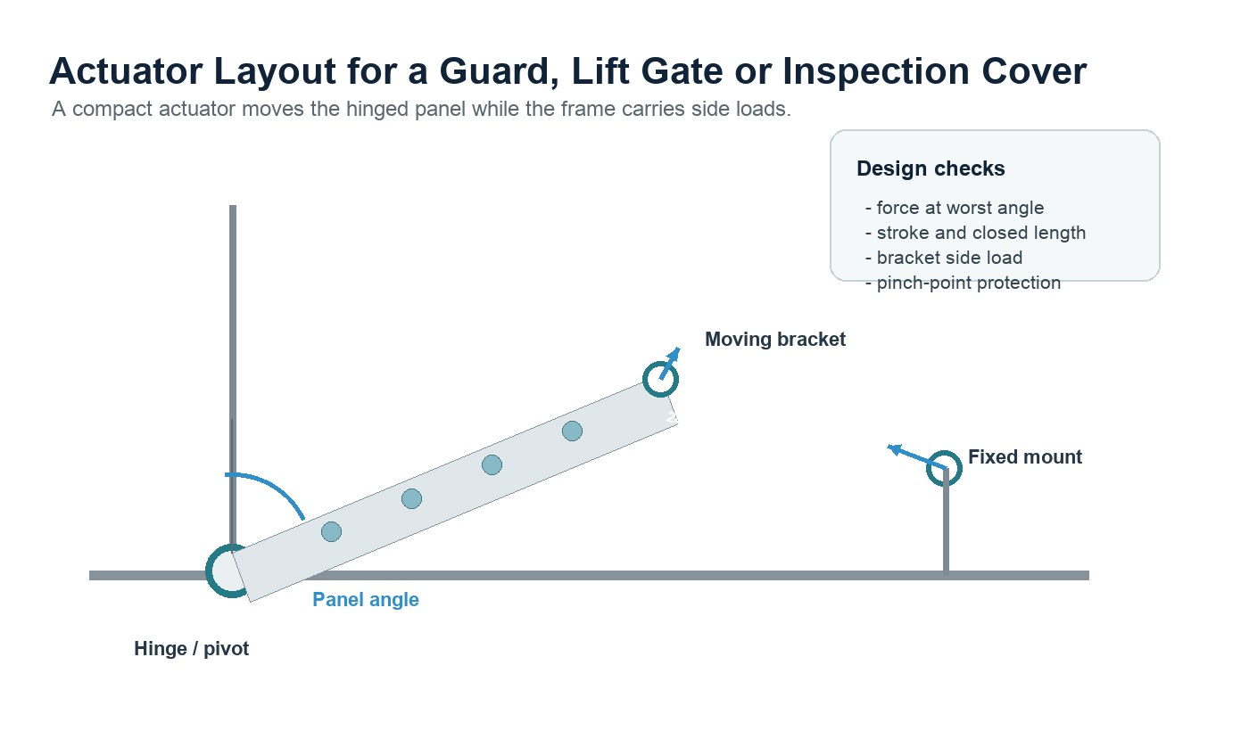 Industrial automation actuator layout for a lift gate or inspection cover