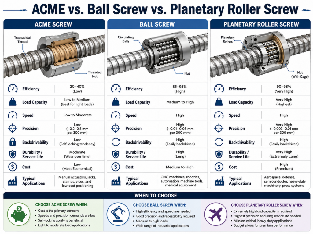 ACME vs. Ball Screw vs. Planetary Roller Screw