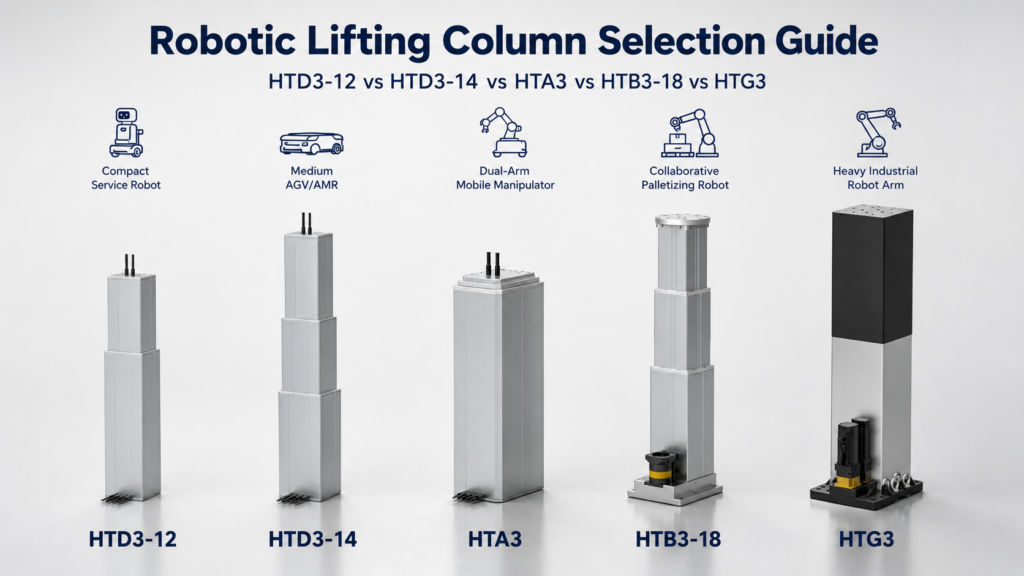Compare GEMING compact mobile robot columns, AGV/AMR lifting systems, collaborative robot height adjustment columns, and heavy-duty industrial robot seventh-axis solutions.