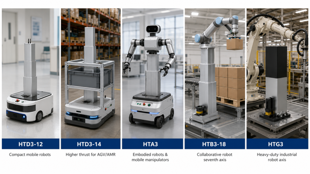 GeMinG robotic lifting column selection guide for HTD3 HTA3 HTB3 and HTG3 robot applications