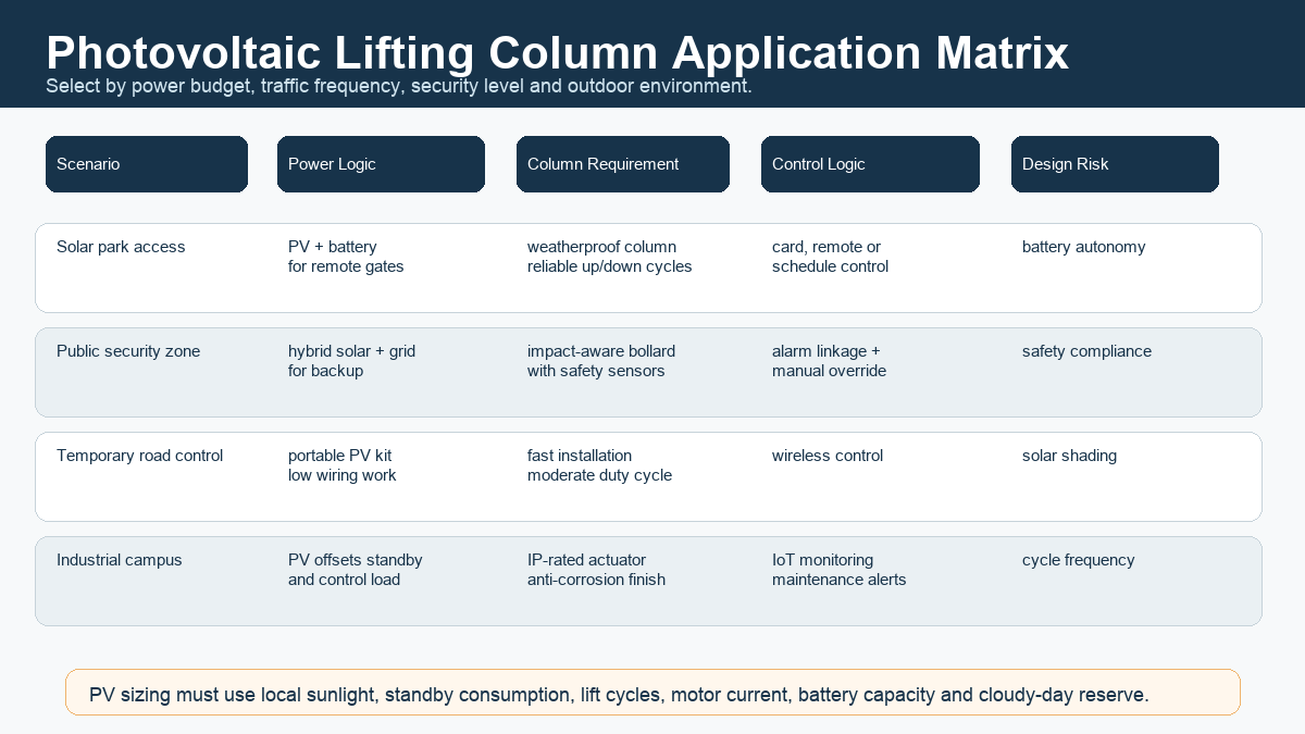 Photovoltaic lifting column application matrix for traffic security and smart management