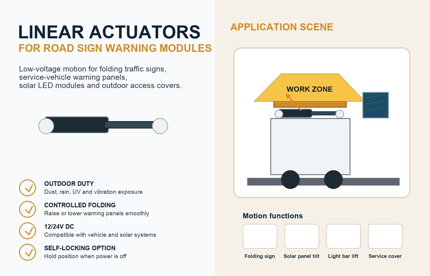 Linear actuators for solar road signs and warning modules