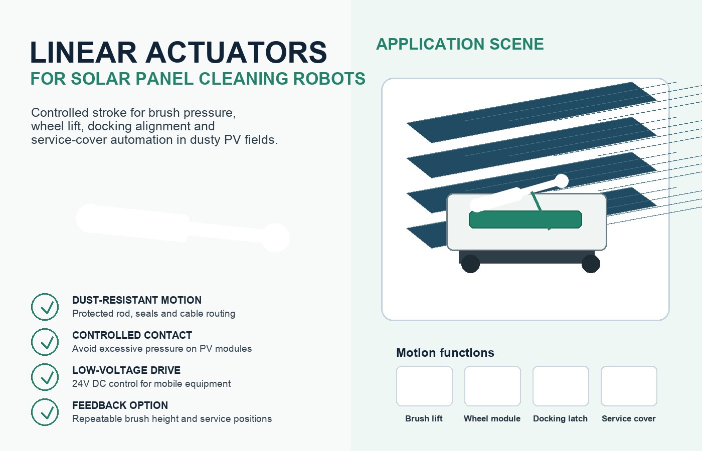 Linear actuators for solar panel cleaning robots