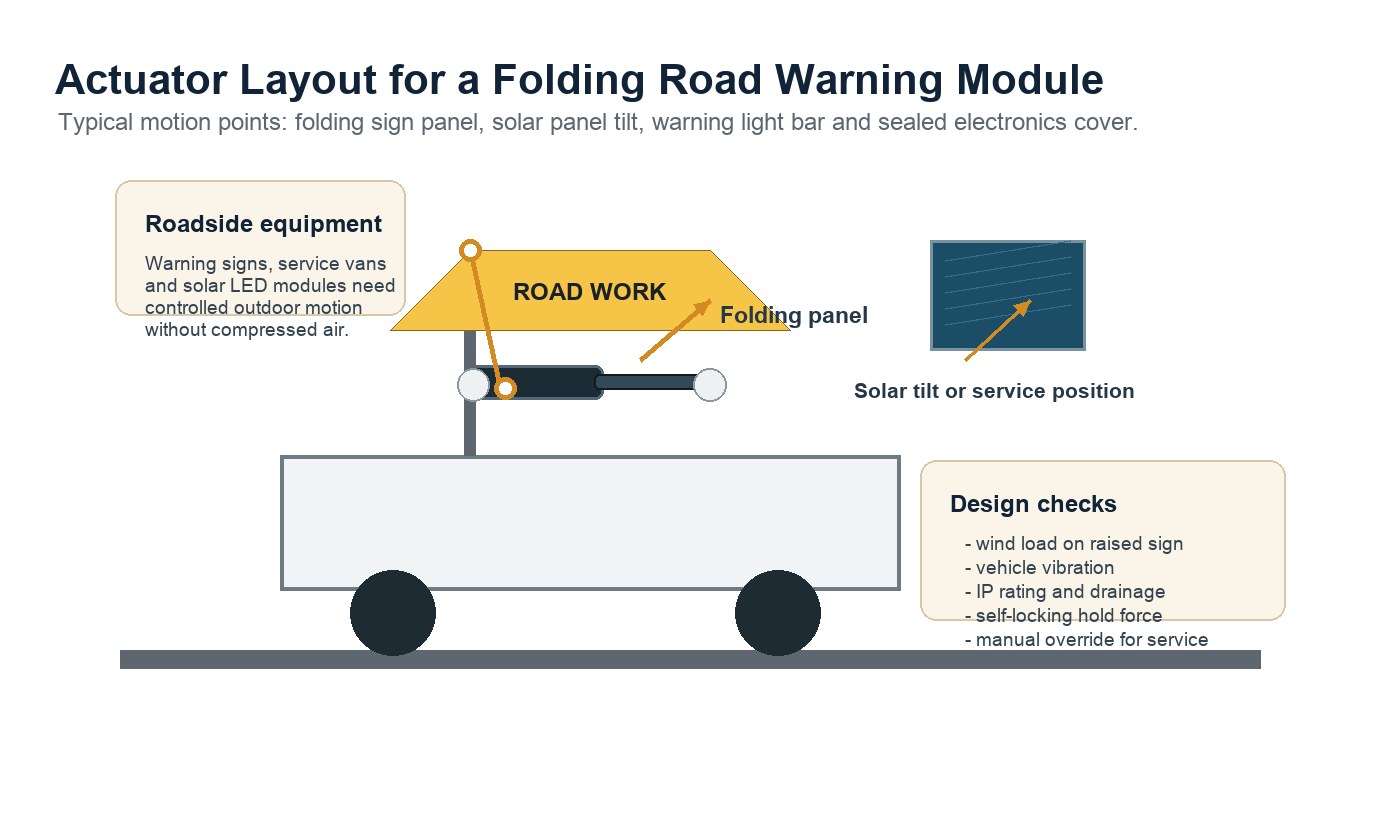 Actuator layout for a folding road warning sign module