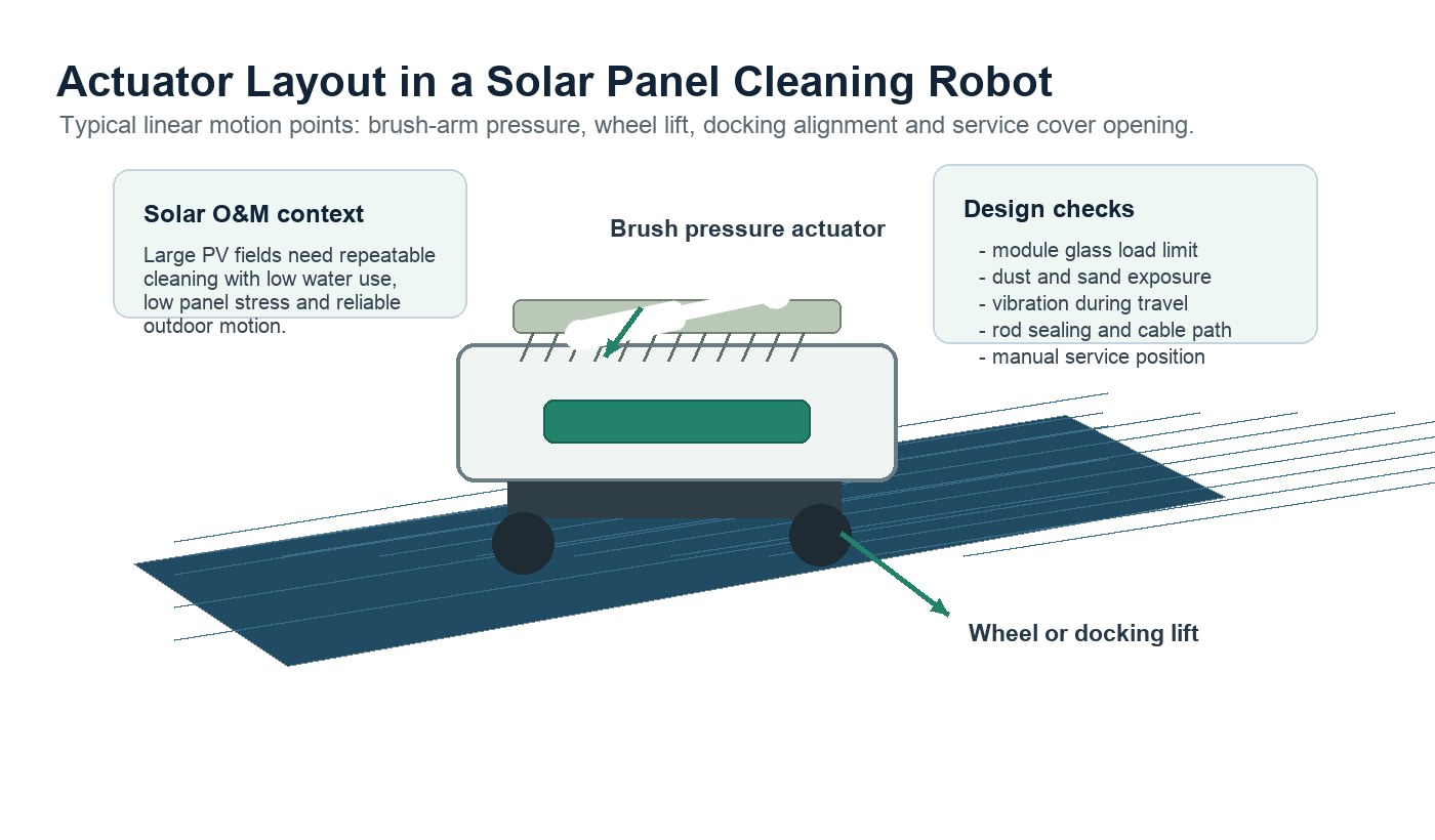 Actuator layout in a solar panel cleaning robot