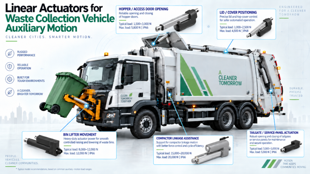 linear actuator for waste collection vehicle